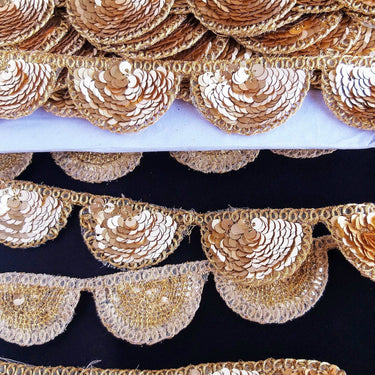Gold Scallop Trim Embroidered With Beaded Gold Sequins, Approx. 30mm Wide - 210119L450